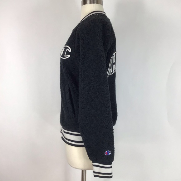 Champion Sherpa bomber jacket Womens S black spell out collegiate Preppy Cropped - Picture 4 of 15